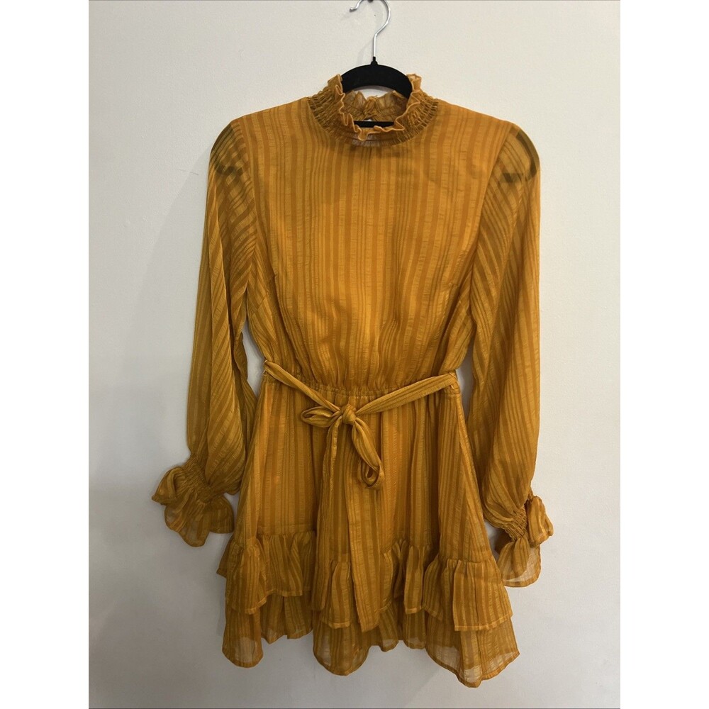 Lulus Ruffled Boho Puff-sleeve Tired Dress Mustard Xs Y/k